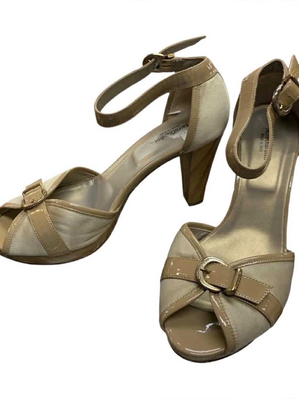 Nero Giardini Beige and Cream Ankle-Strap Peep-Toe Heels S9